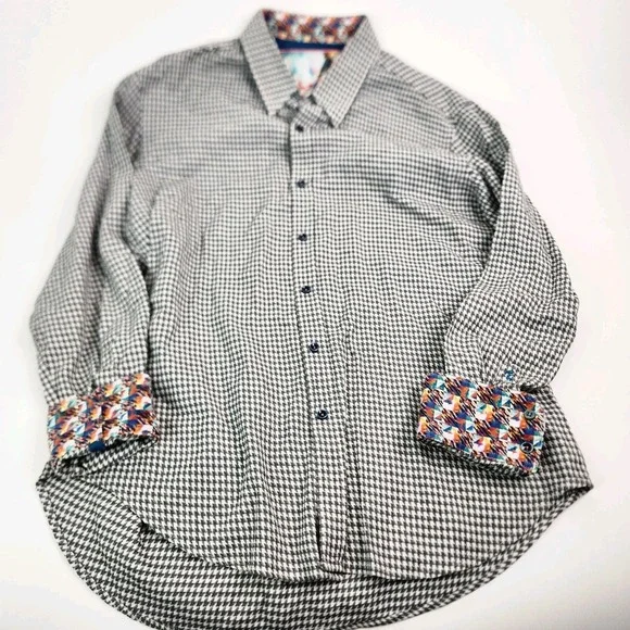 Robert Graham Shirt Mens Large Gray Houndstooth Flip Cuff Party Casual Button Up - Picture 2 of 6